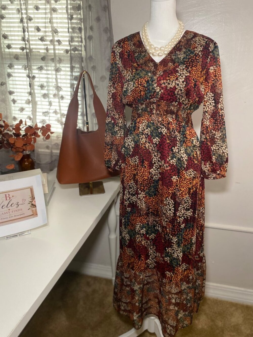 FRYE Boho Floral Smocked Waist Maxi Dress Size Large Fall Long Sleeve